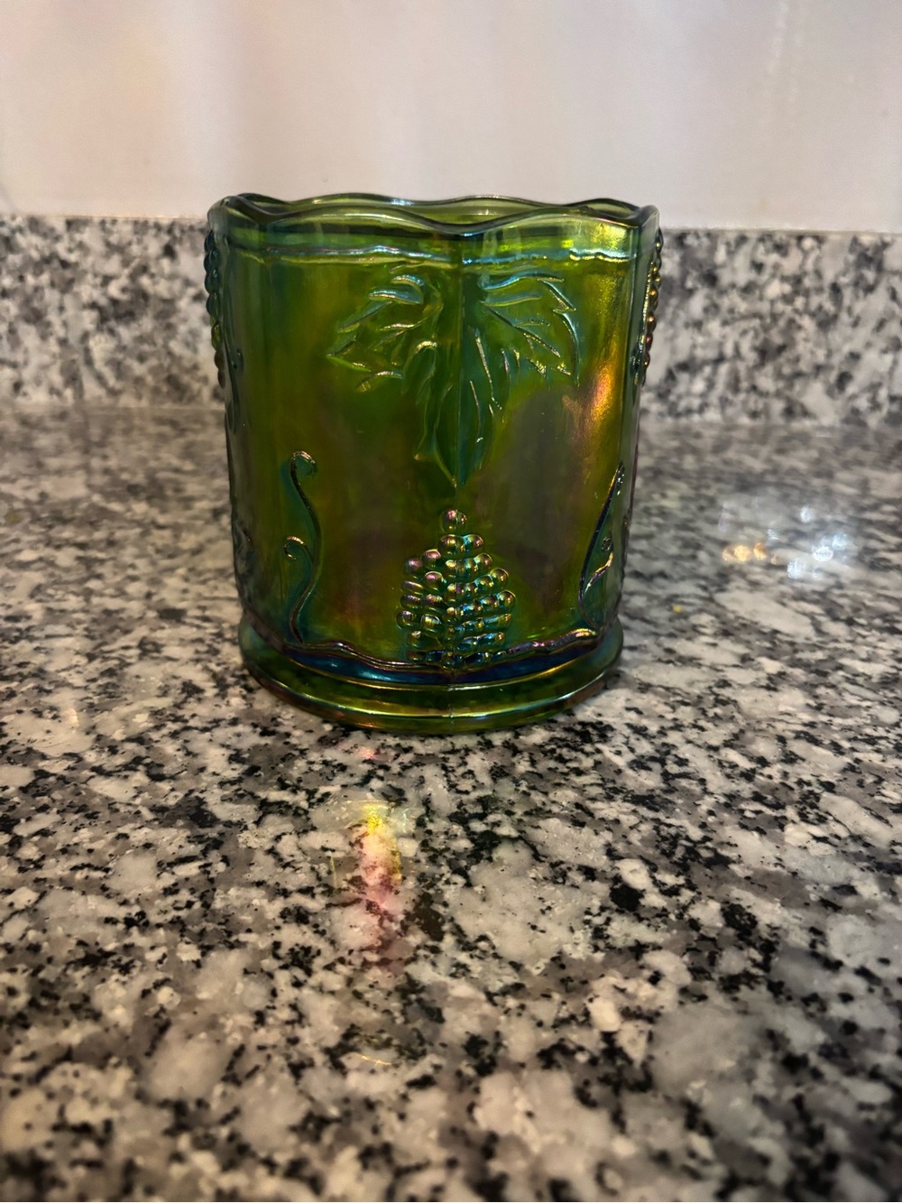 Green Iridescent Carnival Glass Grape canister without lid